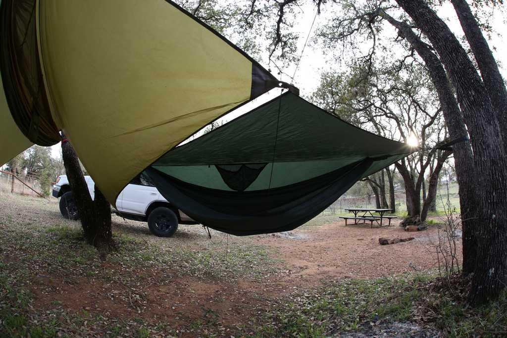 Dual hammock camping setup at Krause Springs